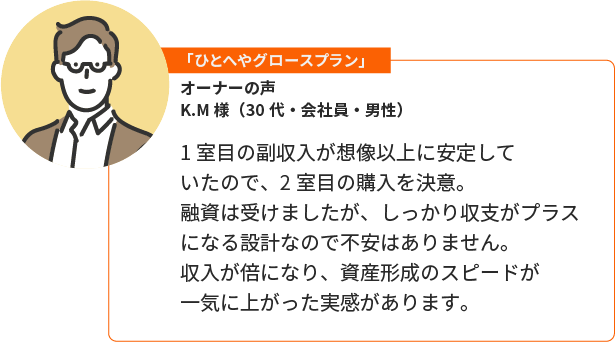 「本格資産形成プラン」K.M様（30代・会社員・男性）。1室目の副収入が想像以上に安定していたので、2室目の購入を決意。融資は受けましたが、しっかり収支がプラスになる設計なので不安はありません。収入が倍になり、資産形成のスピードが一気に上がった実感があります。