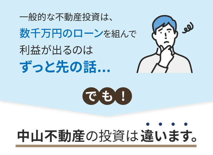 一般的な不動産投資は、数千万円のローンを組んで利益が出るのはずっと先の話...でも！中山不動産の投資は違います。