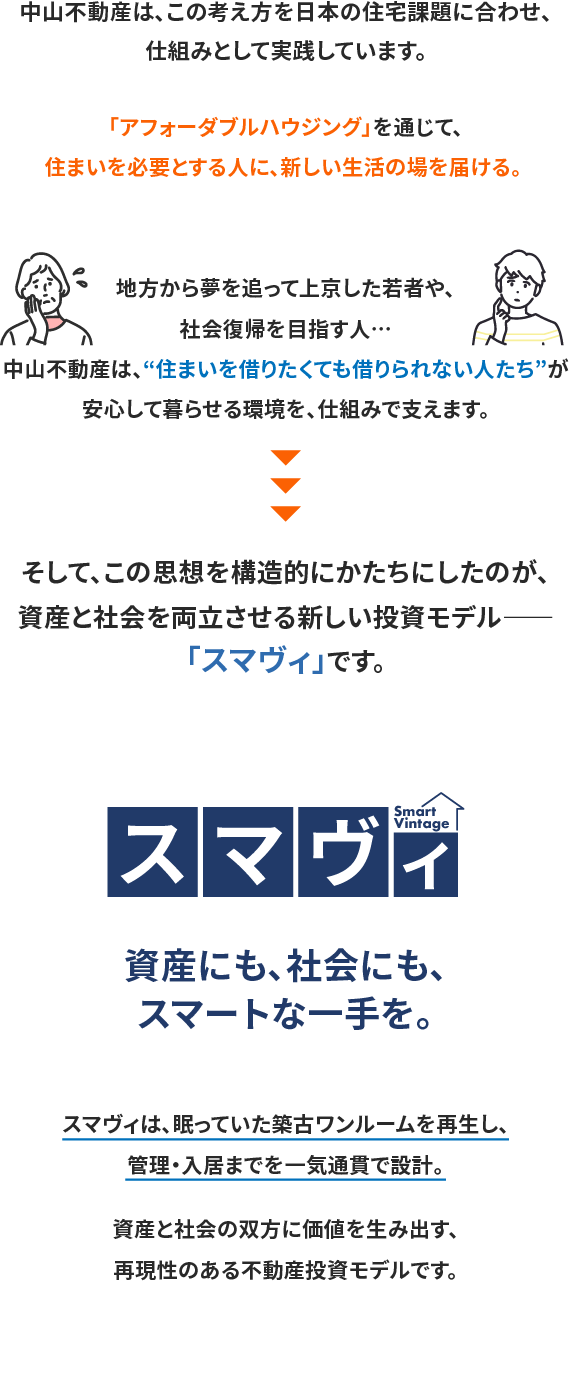 中山不動産が目指すのは、単なる不動産投資ではありません。「アフォーダブルハウジング」を通じて、住まいに困る方々に新たな生活の場を届ける。 それが、私たちの取り組みです。地方から夢を追って上京した若者や、社会復帰を目指す方など、住宅を借りたくても借りられない人たちは、今も少なくありません。